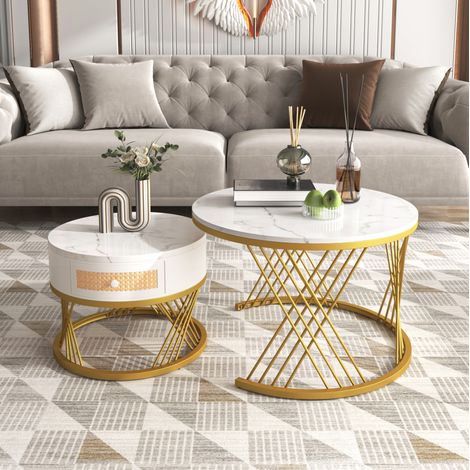 Table basse gigogne ronde MDF blanc effet marbre avec tiroir, 70 cm (1/5)