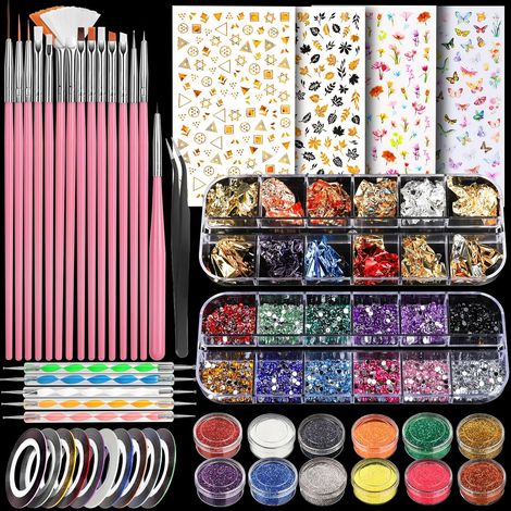 Nagelkunst-Set mit Nagelglitter, Nagelpinseln und Nagelstickern für Gel-Nagelkunst, Nagelsteinen und Nagelzubehör (1/5)