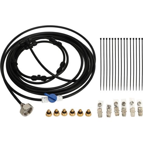Kit de pulvérisation pour ventilateur de refroidissement, comprenant un tuyau de 6 mètres, 6 buses et un adaptateur de 19 mm, adapté à une utilisation en extérieur.