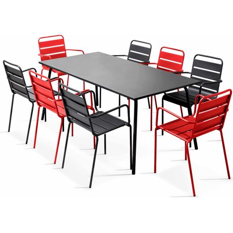 Ensemble table de jardin et 8 fauteuils en métal rouge et gris - Palavas (1/5)
