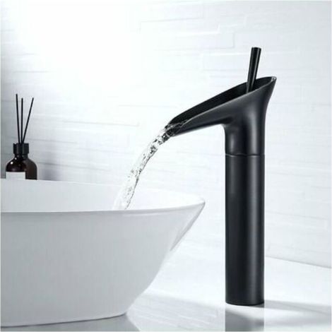 Robinet de salle de bain noir, robinet cascade, mitigeur de lavabo rétro noir à poignée unique, robinet de salle de bain haut en laiton, robinet de lavabo, robinet d'évier