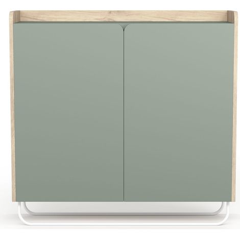 Meuble à chaussures scandinave en mélamine – 3 étagères ajustables – Capacité 16-18 paires – Dimensions 90x25.5x87cm – Couleur chêne clair et vert – Herdasa (1/3)