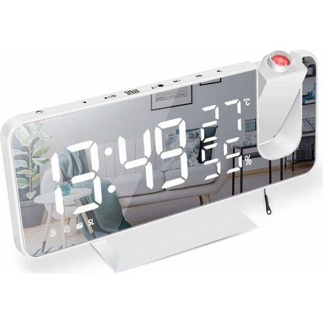 Réveil Projecteur - Écran LED Miroir 7,5 Pouces - Projection Réglable - Double Alarme - Radio FM - Température et Humidité - Port USB - Blanc