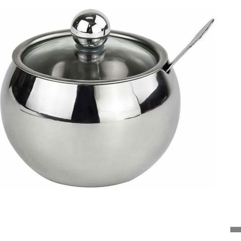 Sucrier en acier inoxydable avec couvercle et cuillère en verre transparent, pot à épices pour thé au sucre salé (1/5)