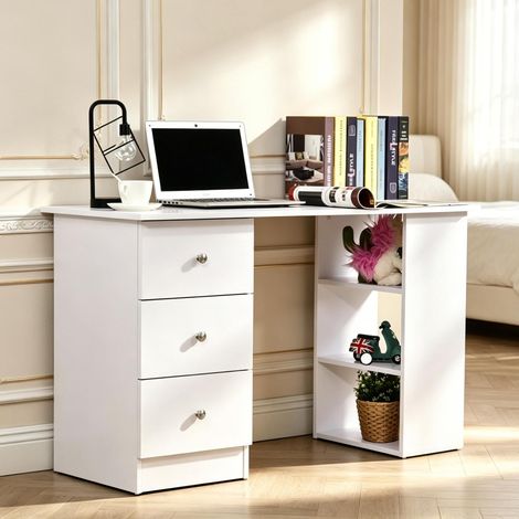 Bureau blanc avec 3 tiroirs et 2 étagères en MDF 120 x 49 x 72 cm OKWISH (1/5)