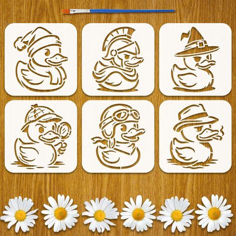 6PCS Pochoirs Canard 15x15CM Pochoirs Peinture Mignons Petit Canard Modèles de Dessin Canards Cartoon Amusants avec un Pinceau pour Artisanat Décor Mur Bois Tissu Meuble Décoration (1/5)