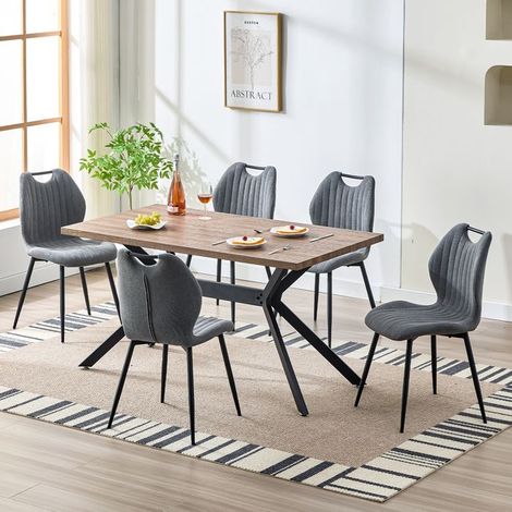 Ensemble salle à manger - WAFTING - 140x80x73 cm - Table MDF + 6 chaises - Chaises tissu gris - Pieds métal (1/5)