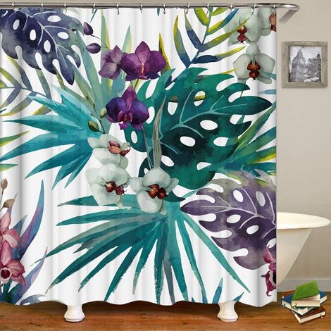 CCYKXA 180x200cm Lila Blätter Duschvorhang Badezimmervorhänge, Wasserdichter Waschbarer Stoff Polyester 3D Pflanzen Digitaldruck Kunstdekorationen Vorhang mit 12 Haken