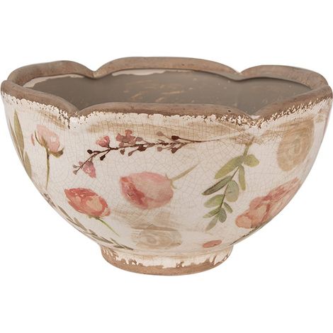 Cache-pot en Céramique Beige à Motif Fleurs Roses et Bordure Ondulée Ø 21 x 12 cm - PANGIVO (1/4)