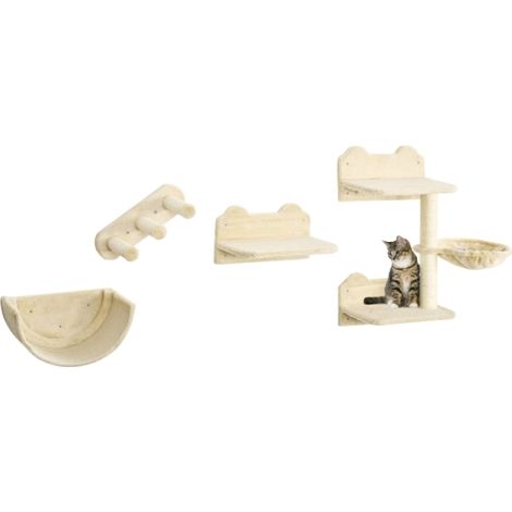 4 Piece Wall-Mounted Cat Shelves Set with Scratching Post, Hammock and Nest in Beige for Ultimate Cat Playground (1/5)