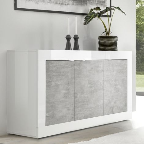 Buffet bas moderne 3 portes blanc et gris béton 160cm CALIA. (1/5)