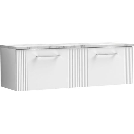 Nuie Deco Wall Hung 2-Drawer Vanity Unit with Carrera Marble Worktop 1200mm Wide - Satin White (1/4)
