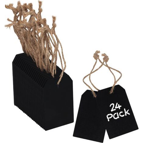 QORVA-Etiquette Noire Ardoise en Bois (Lot de 24) - 8 x 5 cm - Mini Ardoise Rectangulaire pour Message Recto Verso - Pour Mariages, Fêtes, Décorations de Table et Price Tag