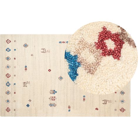 Alfombra gabbeh de lana beige rojo azul marrón 140 x 200 cm a mano floral animal Suluca (1/5)