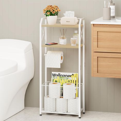 Porte-papier toilette autonome - Organiseur de papier toilette à 4 niveaux avec étagères en bois et grand panier, support de papier toilette pour salle de bain, buanderie, appartement - Blanc