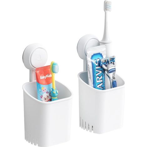 Set di 2 contenitori antibatterici con ventosa, fori di ventilazione, per bagno e cucina, colore bianco, dimensioni: 19,4 x 9,3 x 7,2 cm (1/5)