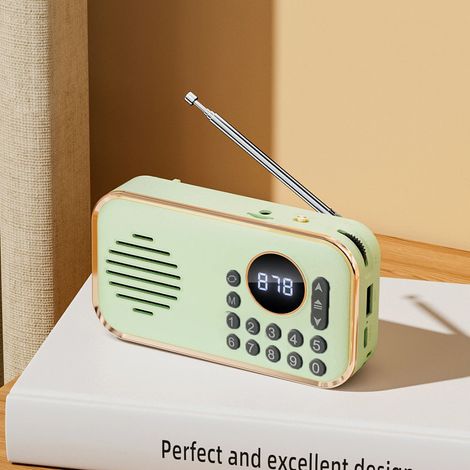 Mini radio FM de poche, portable avec une réception optimale, un son haute fidélité sans fil, haut-parleur Bluetooth, lecteur de carte TF et lecteur MP3 USB. (1/4)