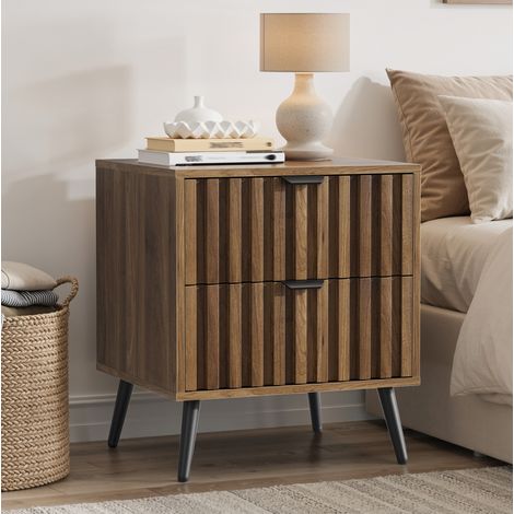 Table de chevet 45/40/53 cm coloris noyer avec 2 tiroirs et pieds en métal (1/5)