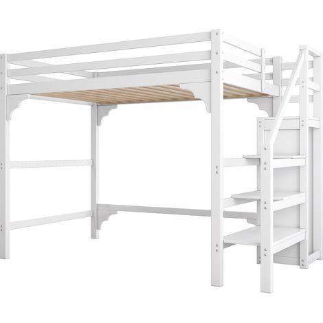 Letto a soppalco 140 x 200 cm con scala e armadio, pino e MDF, bianco, HOMVRA (1/5)