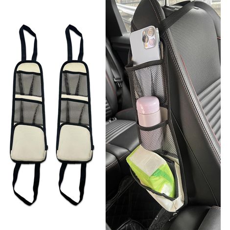 Lot de 2 organisateurs de rangement universels pour siège auto - Sac de rangement suspendu en filet avec plusieurs poches pour téléphones, clés et petits objets essentiels, blanc crème (1/5)