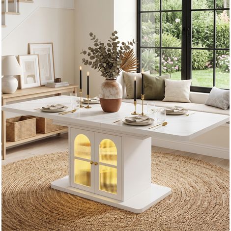Tavolo da pranzo allungabile 150/200 x 80 cm per 6-8 persone con vano contenitore e illuminazione a LED, stile scandinavo, MDF bianco. (1/5)