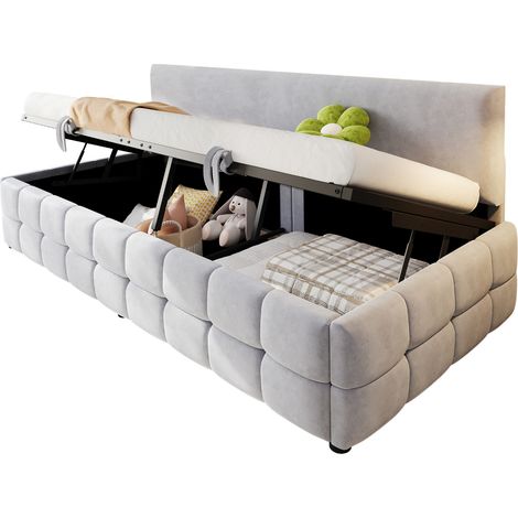 Canapé-lit 1 place 90x200 cm avec coffre de rangement hydraulique, dossier sans accoudoirs, velours gris clair à carreaux, style moderne – CHICFURN (1/5)