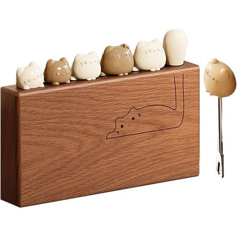 Tenedores de acero inoxidable, 6 bonitos tenedores pequeños con diseño de gato y soporte de madera, embutidos, quesos, pasteles y ensaladas
