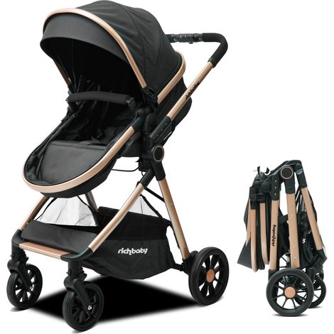 Poussette bébé convertible en nacelle V8A, poussette haute à pliage compact avec capote réglable et dispositifs de sécurité pour bébés de 0 à 36 mois
