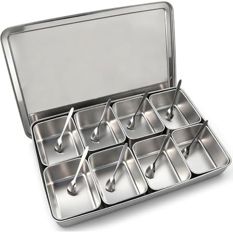Bote à épices en Acier Inoxydable à 8 Grilles, Pots à Condiments avec Compartiments Amovibles, Boite Inox avec Couvercles et Cuillères, Bote de Rangement pour épices Poivre Sel et Sucre (1/5)