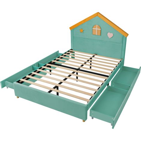 Letto per bambini 140x200 cm a casetta imbottito bluverde con 4 cassetti in velluto (1/5)