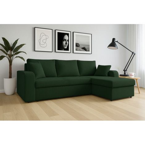 Tendencio – Canapé d'angle convertible en velours côtelé vert – 200 x 130 cm surface de couchage – Coffre de rangement intégré – Confort optimal