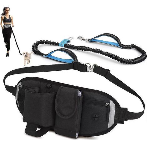 Laisse mains libres pour chien, ceinture élastique absorbant les chocs, ceinture de jogging pour chien avec sac banane ajustable et coutures réfléchissantes (noire) (1/5)