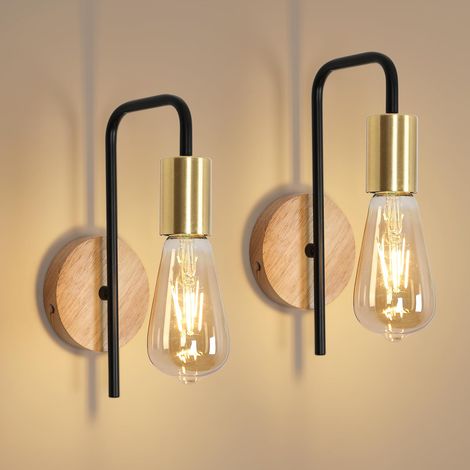 Applique Murale 2 Pack, Lampe Murale Intérieur Industrielle, Spot Mural Fer Rétro pour Chambre Couloir Bar, E27, IP20, Couleur du Bois, sans Ampoule (1/5)