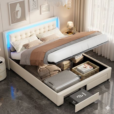 Lit coffre 140x190 cm - éclairage LED - Cadre de lit avec 2 tiroirs et Espace de Rangement - velours - Beige - pour adolescents et adultes (1/5)