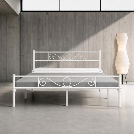 Struttura Letto Matrimoniale In Acciaio Al Carbonio Con Decorazioni E Rete A Doghe Metalliche Per Camera Da Letto Stanza Ospiti Design Elegante Minimal 207 X 162 X 88.5 Cm - Colore: Bianco (1/5)