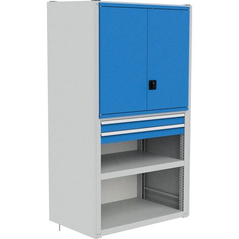 Modul 7 / 1000 2x Tragrahmen, 1x Rückwand, 2x Seitenabschlusswand, 4x Uni-Fachboden, 2x Fachboden, 2x Schubladen, 1x Flügeltüren-Einbausatz Maße in mm (BxTxH): 1049 x 733 x 2030 (1/2)