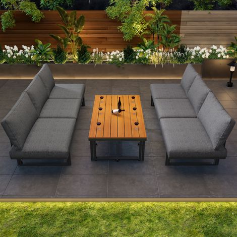 Ensemble de mobilier de jardin en fer gris, 2 canapés 2 places et table réglable, avec coussins et plateaux en acacia (1/5)
