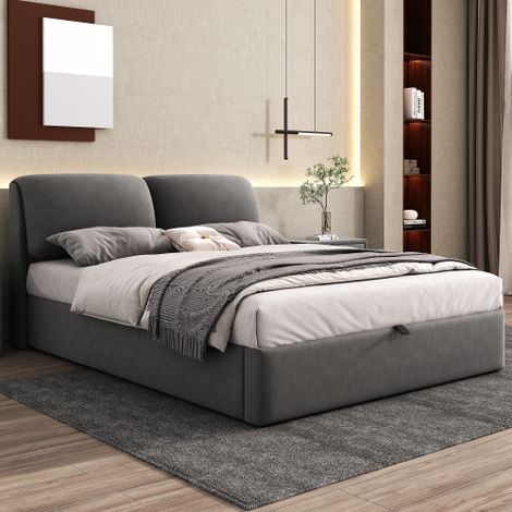 Lit coffre 140x200 cm avec 3 tiroirs, rangement, tête de lit rembourrée et sommier à lattes, velours gris, sans matelas (1/5)