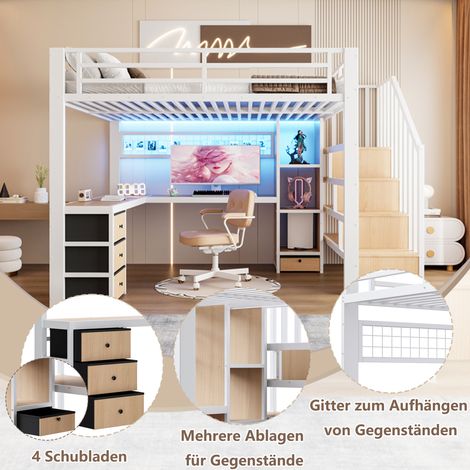 Lit surélevé 140x200 cm, cadre en métal, étagère, 4 tiroirs, rangement suspendu, bande LED, bureau intégré, escaliers avec espaces de rangement, sans matelas, blanc. (1/5)