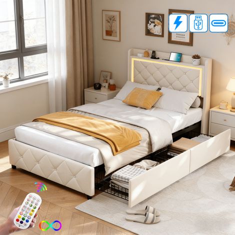 Lit simple rembourré 90x200 cm avec 2 tiroirs, Lit 90x200 avec sommier LED et USB, Tête de lit capitonné avec rangement, Tissu en velours, Beige (1/5)