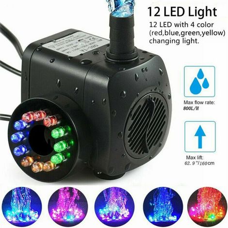 Pompe de fontaine de 15W, débit de 800L/h, avec 12 LED intégrées, idéale pour les bassins et les jardins. (1/5)