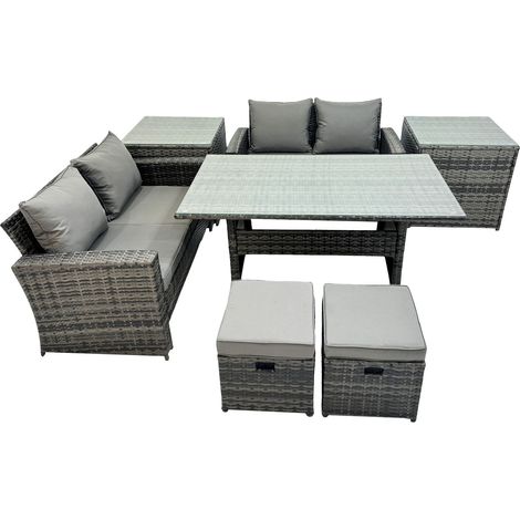 Fimous 6 Seater Wicker PE Rattan Furniture Outdoor Dining Table Double Seat Sofa 2 Side Table 2 Small Stools Set Dark Grey Mixed (1/5)