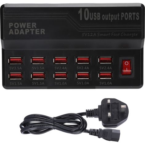 Chargeur USB intelligent 10 ports 12A station de charge rapide bloc multiprise hub 100-240V (1/5)
