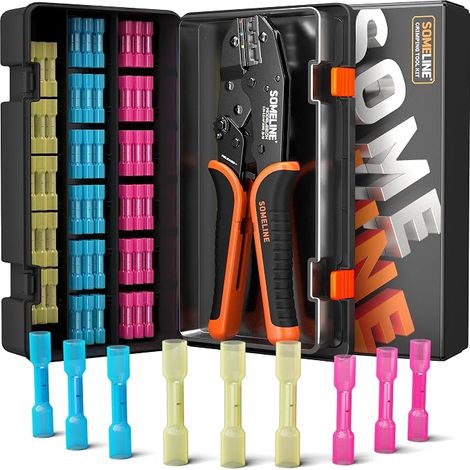 Pince à Sertir Cosse Thermorétractable Kit, Pince à Sertir 0,34-6 mm², avec 100 pcs Connecteur Thermorétractable, Cosse a Sertir Connecteur Electrique Etanche, for Cars and Boats (1/5)
