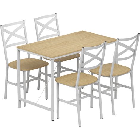 Ensemble table à manger en bois naturel et blanc avec 4 chaises, table de cuisine pour 4 convives. (1/5)