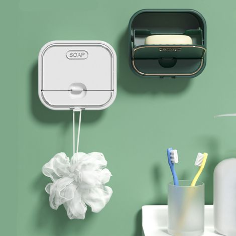 Porte-savon mural sans perforation, avec bonde et clapet, blanc, pour salle de bain. (1/5)