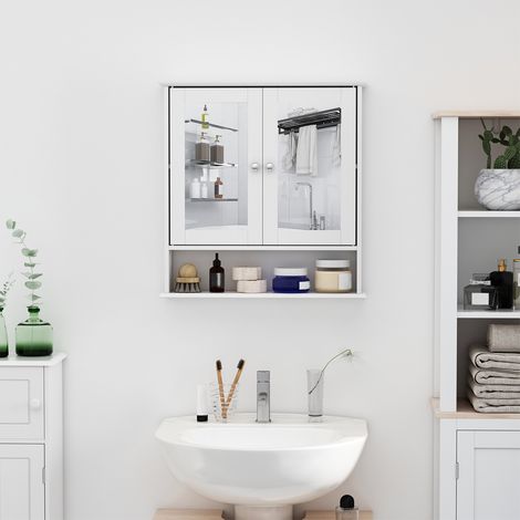 Wandhängender Badezimmerschrank mit Ablage, 56 x 13 x 58 cm (L x B x H), Doppeltür, Spiegel, verstellbarer Einlegeboden, MDF, Grau (1/5)