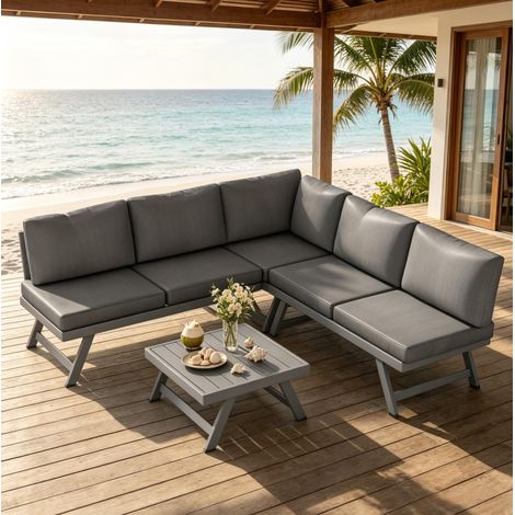 Set angolare da giardino 4 pezzi 115x61x65 cm acciaio/alluminio grigio, 5 posti – MEUBLIV (1/5)
