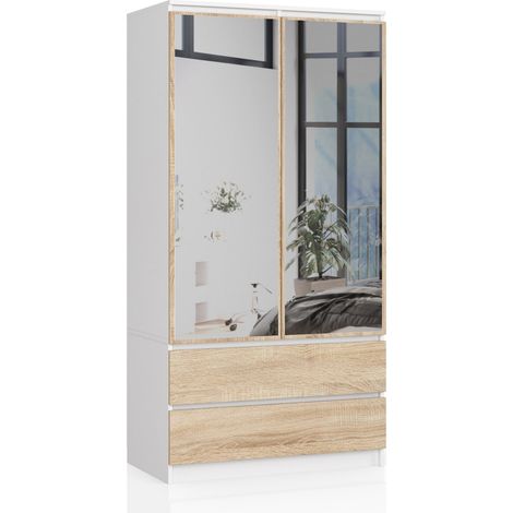 Akord – Armoire blanche 90 cm avec miroir – 2 portes battantes et 2 tiroirs – Façade chêne sonoma – 4 étagères – Dimensions 90x51x180 cm