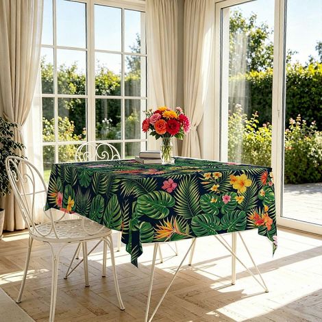 Nappe ronde imprimée en 2D, style aquarelle, motif fleurs rouges et feuilles bleues  Décoration idéale pour les fêtes, les repas de famille, le jardinage et les festivals. (1/4)